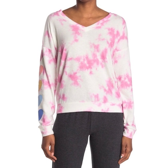 PJ Salvage Pink Tie Dye V-neck Heart LS Top Small - Picture 2 of 9